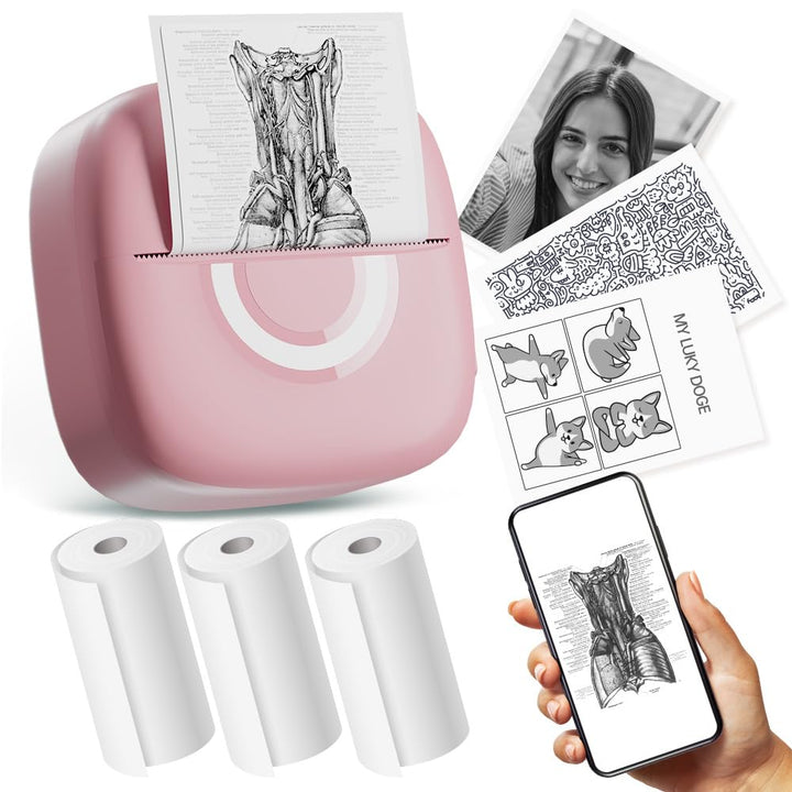 cabaro Mini Drucker Aufkleber Drucker Fotodrucker mit 3 Rollen Bluetooth Thermodrucker für Lernen, S