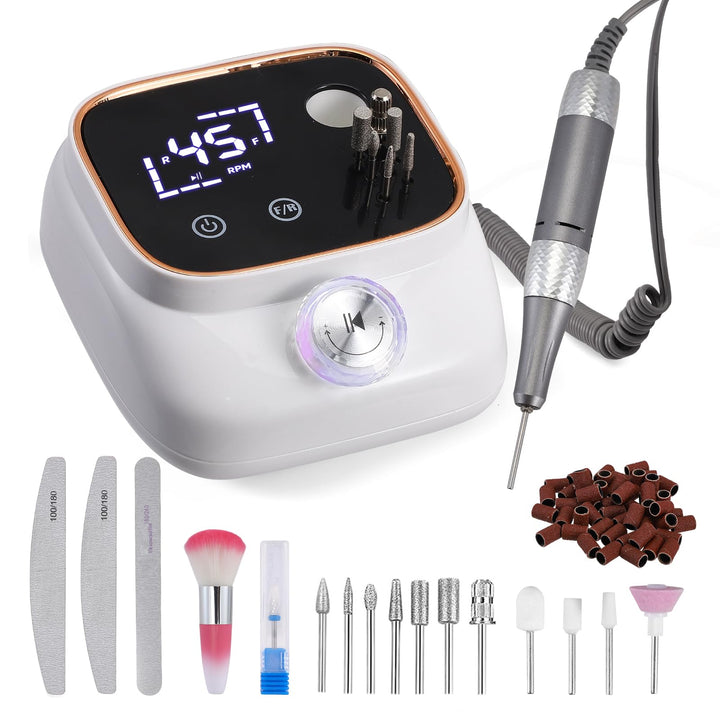 Elektrische Nagelfräse mit 45.000 U/min – LCD Display, 56 Schleifbänder, 11 Bohrer, USB-Ladestation,