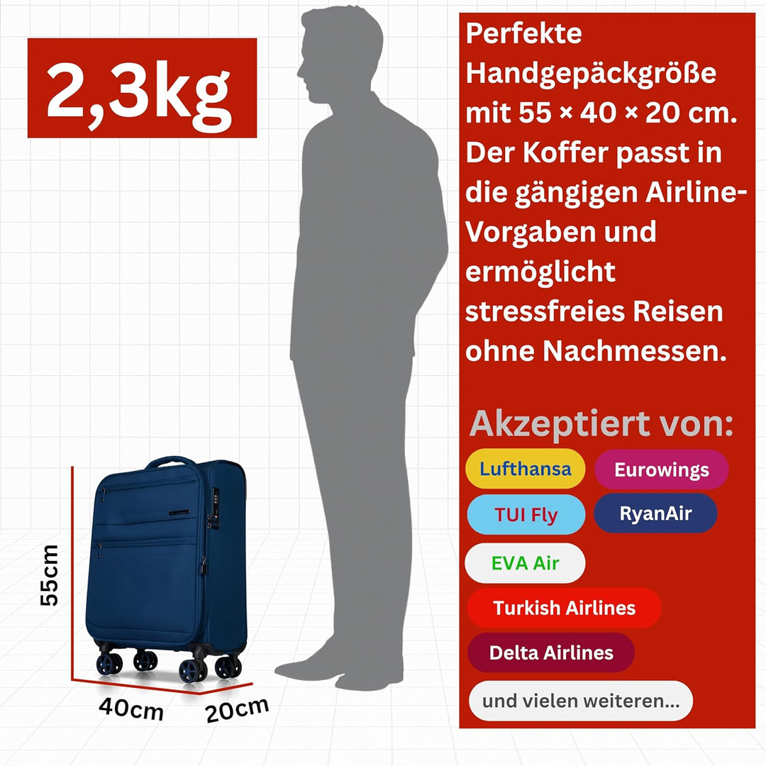 Cocoono Handgepäck Koffer 55x40x20 – Leichter Stoff Reisekoffer mit Rollen, TSA-Schloss, erweiterbar