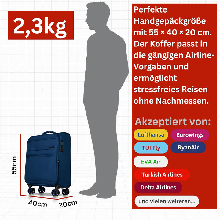 Cocoono Handgepäck Koffer 55x40x20 – Leichter Stoff Reisekoffer mit Rollen, TSA-Schloss, erweiterbar