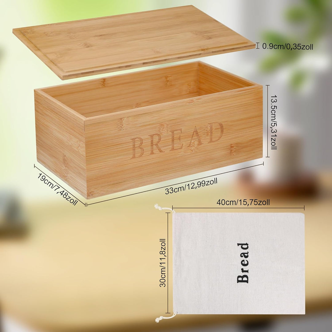 Brotkasten Holz mit Schneidebrett Deckel & Leinenbeutel – Bambus Brotdose für frische Brotaufbewahru
