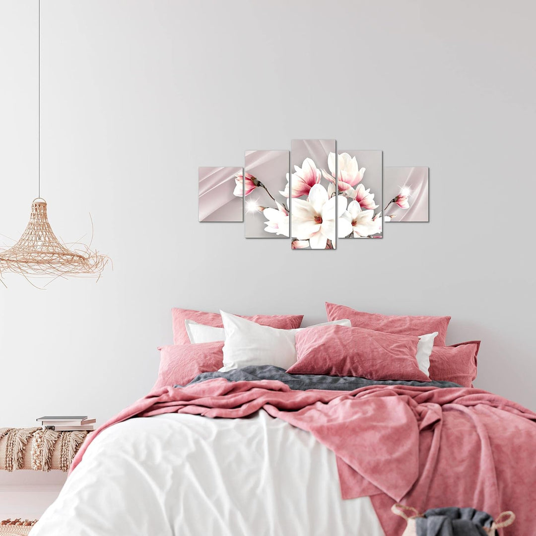 Runa Art Wandbilder Blumen Magnolien 5 Teilig Bild auf Vlies Leinwand Deko Wohnzimmer Abstrakt Rosa