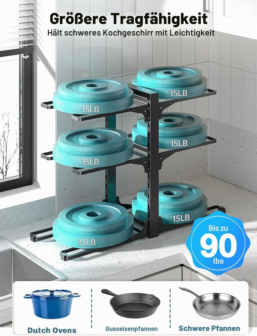 MUDEELA Topf- und Pfannen-Organizer, vertikal 35 cm hoch, 6 verstellbare Ebenen, robuster Küchenschr