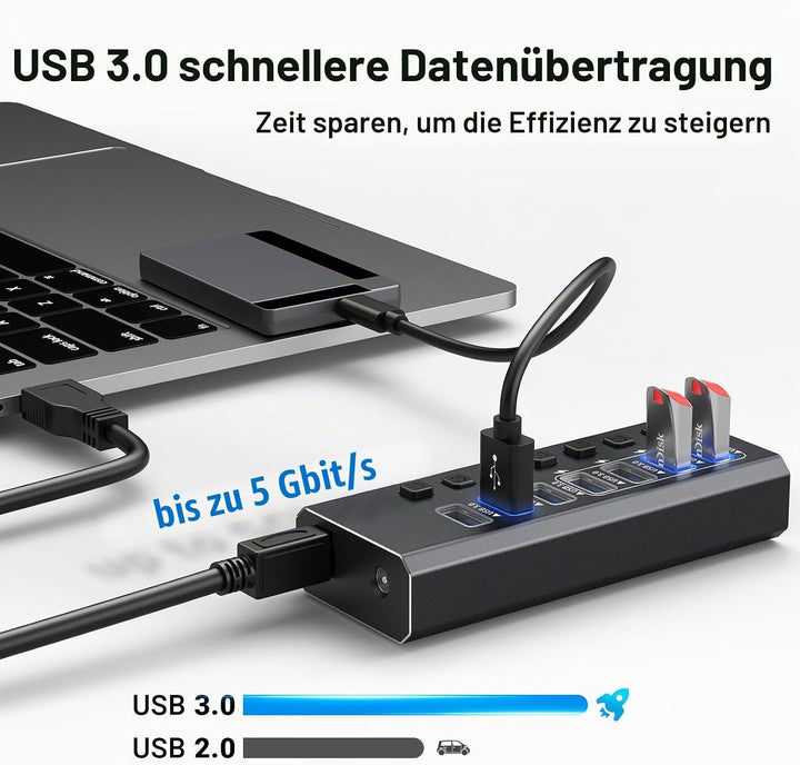 USB-3.0-Hub-betrieben, Aluminium, 7 USB-Ports, SuperSpeed-Daten-Hub mit 12 V/2 A Netzteil und indivi