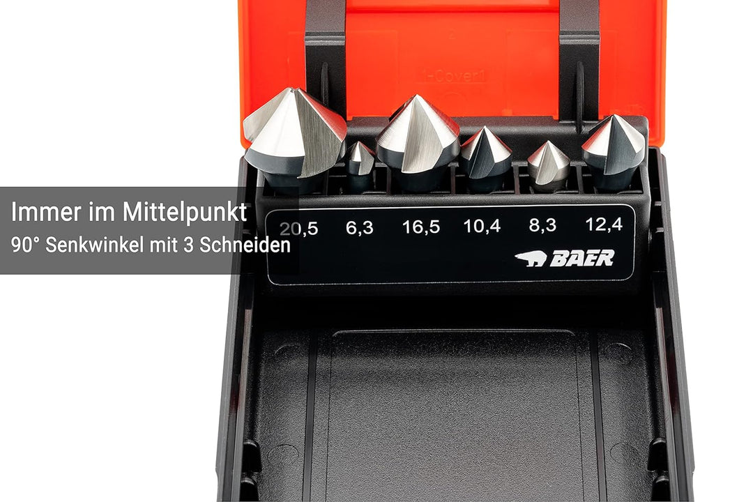 BAER HSSG 90° Bit-Kegelsenker-Satz 6,3-20,5 mm - für Akkuschrauber - Senkbohrer-Set 1/4'' Bit Kegels
