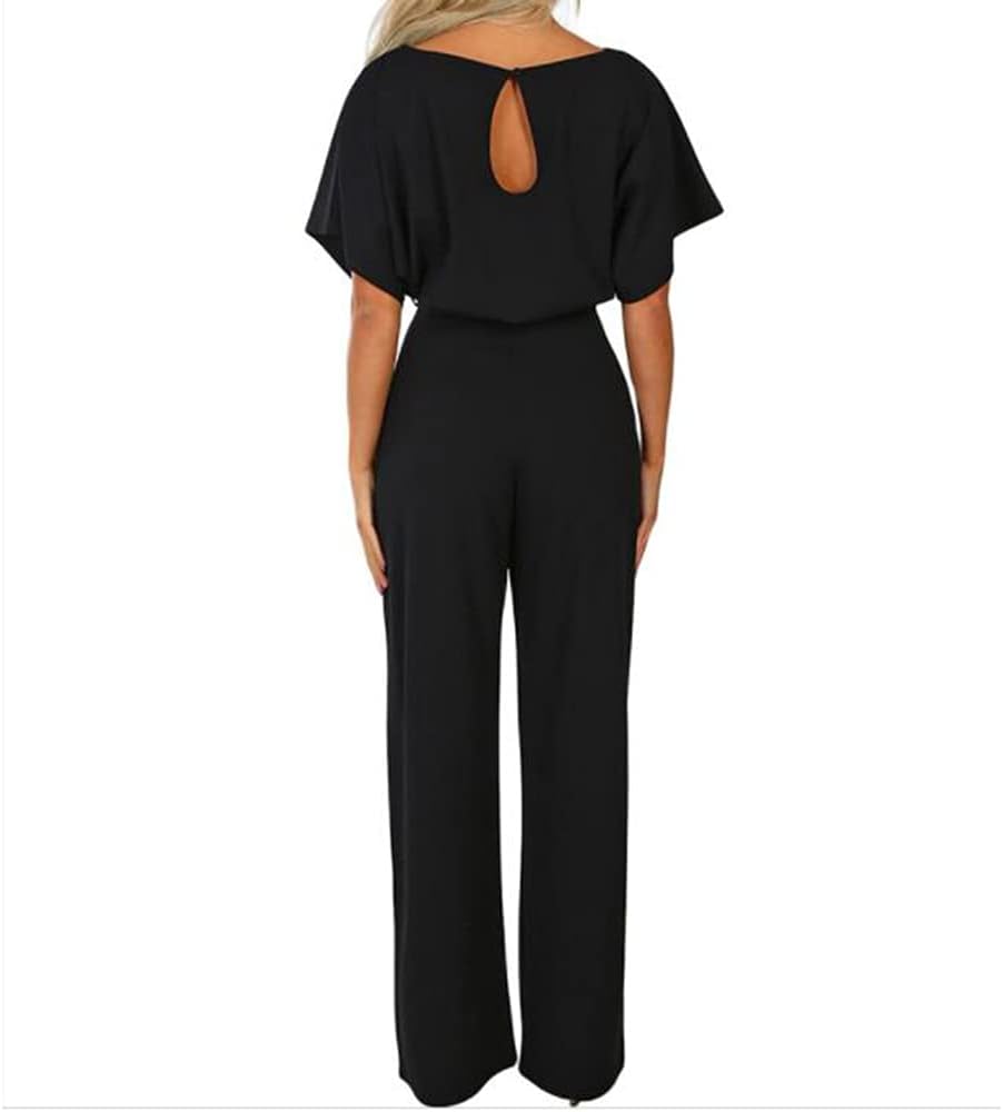 Damen Lang Jumpsuit Overall Hosenanzug Elegant Romper Kurzarm Rundhals Playsuit mit Gürtel Hosenanzu