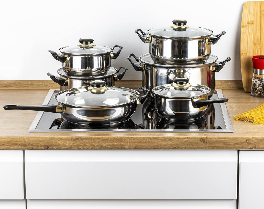 Haushalt International Edelstahl Kochtopf Set (12-teilig) - Töpfe Set mit 5 Töpfen inkl. Deckel + Pf