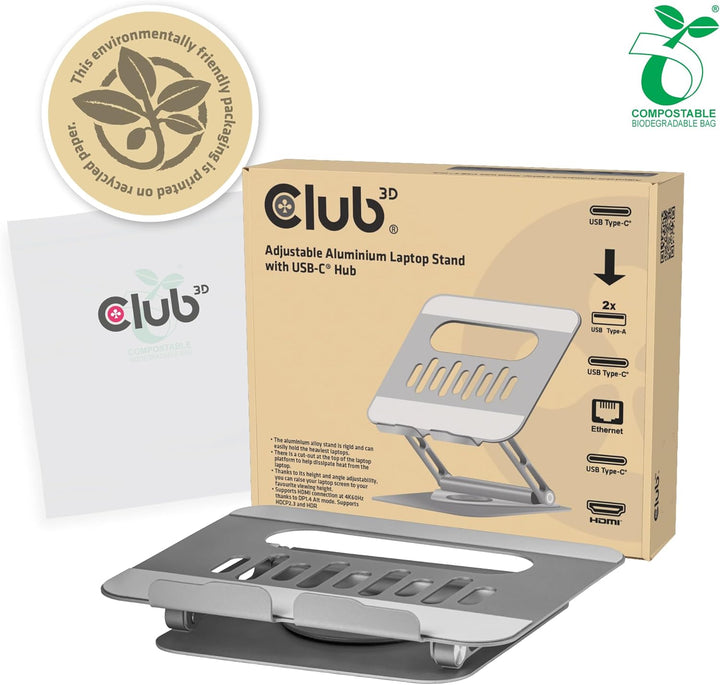 Club3D CSV-2554 Verstellbarer Aluminium-Laptop-Ständer mit USB-C® Hub, CSV-2554