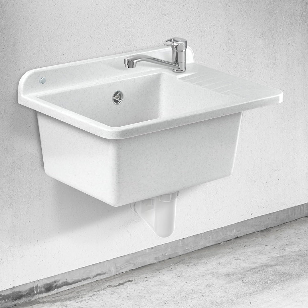GOSPO Ausgussbecken aus Polypropylen, 50,4 x 34 x 26,5 cm, Spülbecken mit Siphon und Montageset, Was