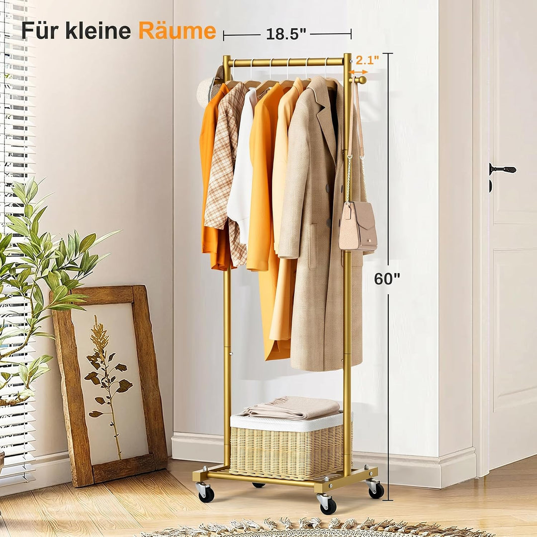 MISSLO Kleine Kleiderstange auf Rollen, Mobiler Schmal Kleiderständer mit Ablagen 152 cm Metall Gard