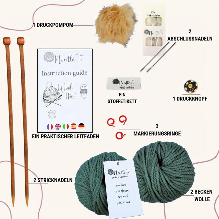 Needle It® Strickset Mütze komplett dunkelgrün - Wollmütze zum Selberstricken für Kinder und Erwachs