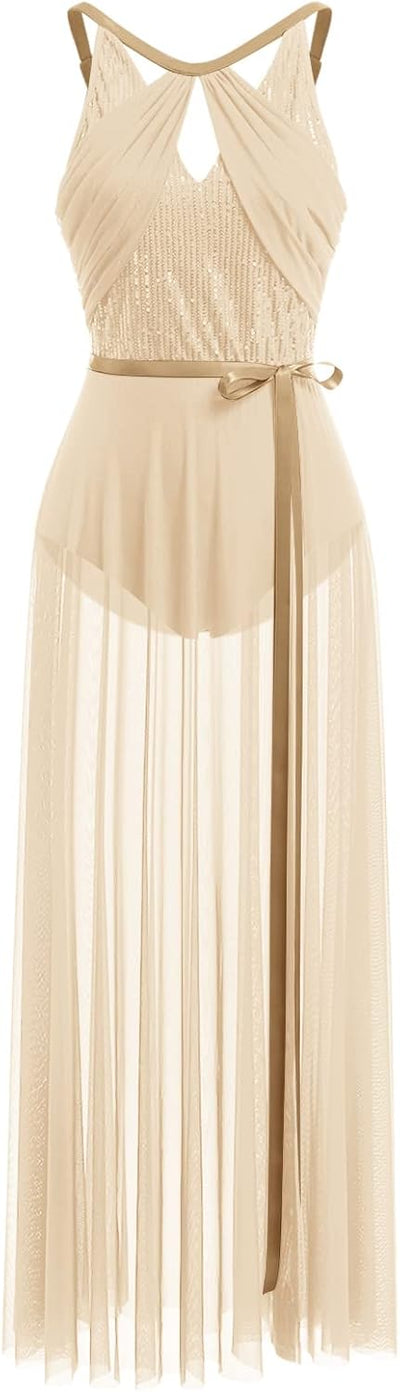 FYMNSI Damen Lyrisch Tanzkleid Ballettkleid Ärmellos Pailletten Trikot Mit Wickelrock Modern Contemp