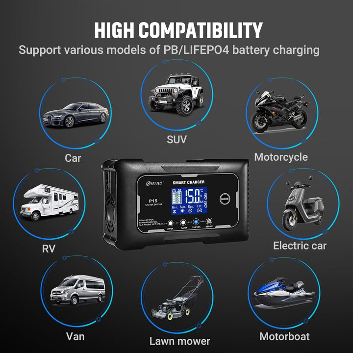 SolaMr 15A Auto-Batterie-Ladegerät, 12V und 24V Smart Automatic Battery Maintainer, Erhaltungsladege