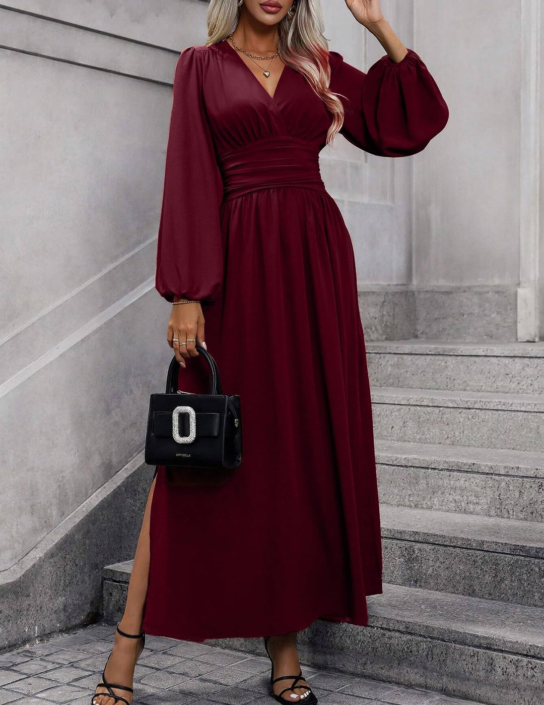 Damen Kleid 2.0 Elegant Langarm V-Ausschnit Tunika Maxikleider Casual Hohe Taille Saumschlitz Cockta