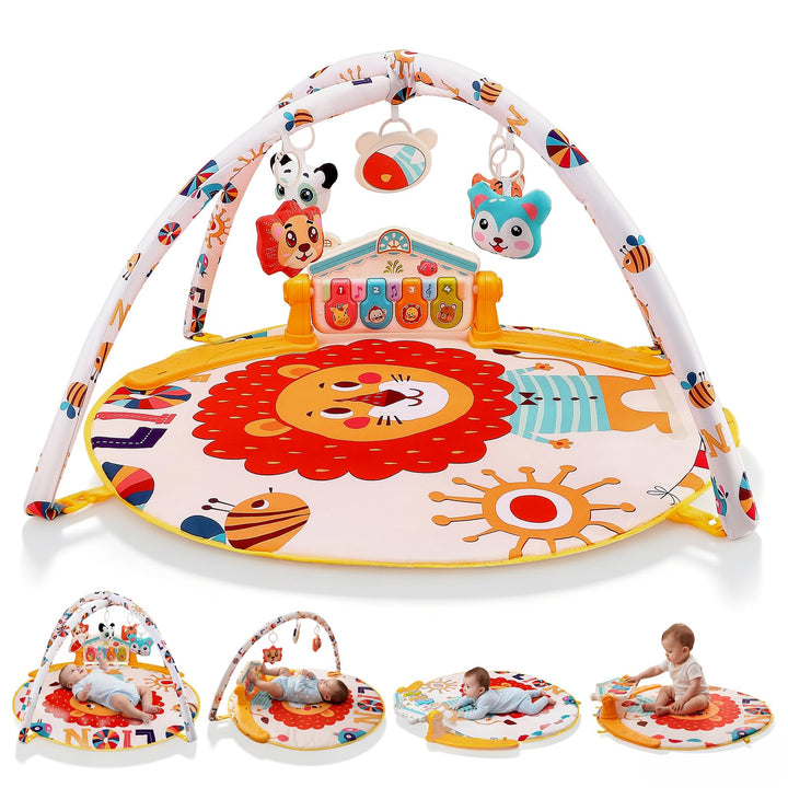 Spieldecke Baby Gym, 6 in 1 Spielbogen 0-12 Monate mit Musik Klaviermatte, 4 Hänge-Spielzeug, Licht