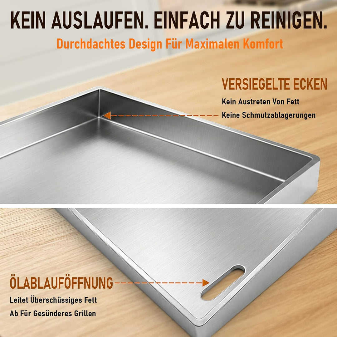 Plancha Grillplatte Set 40 x 30cm, 4mm Edelstahl Grillplatte mit 5 Stücke BBQ Grillbesteck Set Dicke
