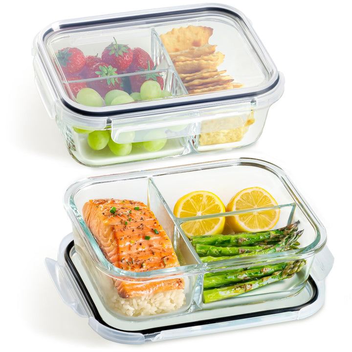 Praknu Meal Prep Boxen Glas 3 Fächer - Glasdosen 2er Set mit Deckel 1000ml - Luftdicht - BPA-Frei -