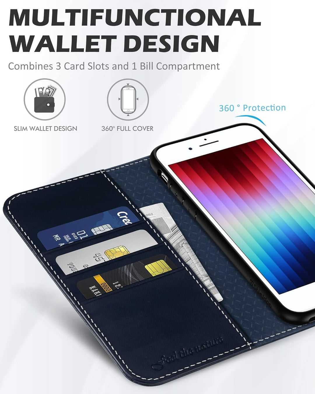 SHIELDON Hülle für iPhone SE 2022 5G /iPhone 8 Handyhülle [Erstklassig Rindsleder] [Kartenfach] [Sta