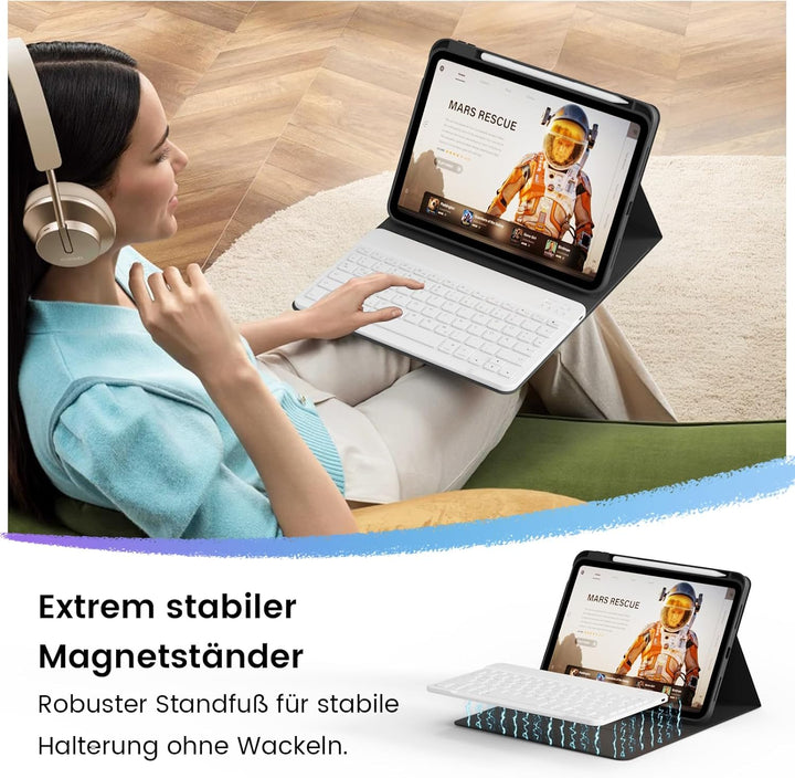 Hülle mit Tastatur für iPad 11/10 Generation mit Stifthalter, Magnetisch Abnehmbare Kabellose Blueto