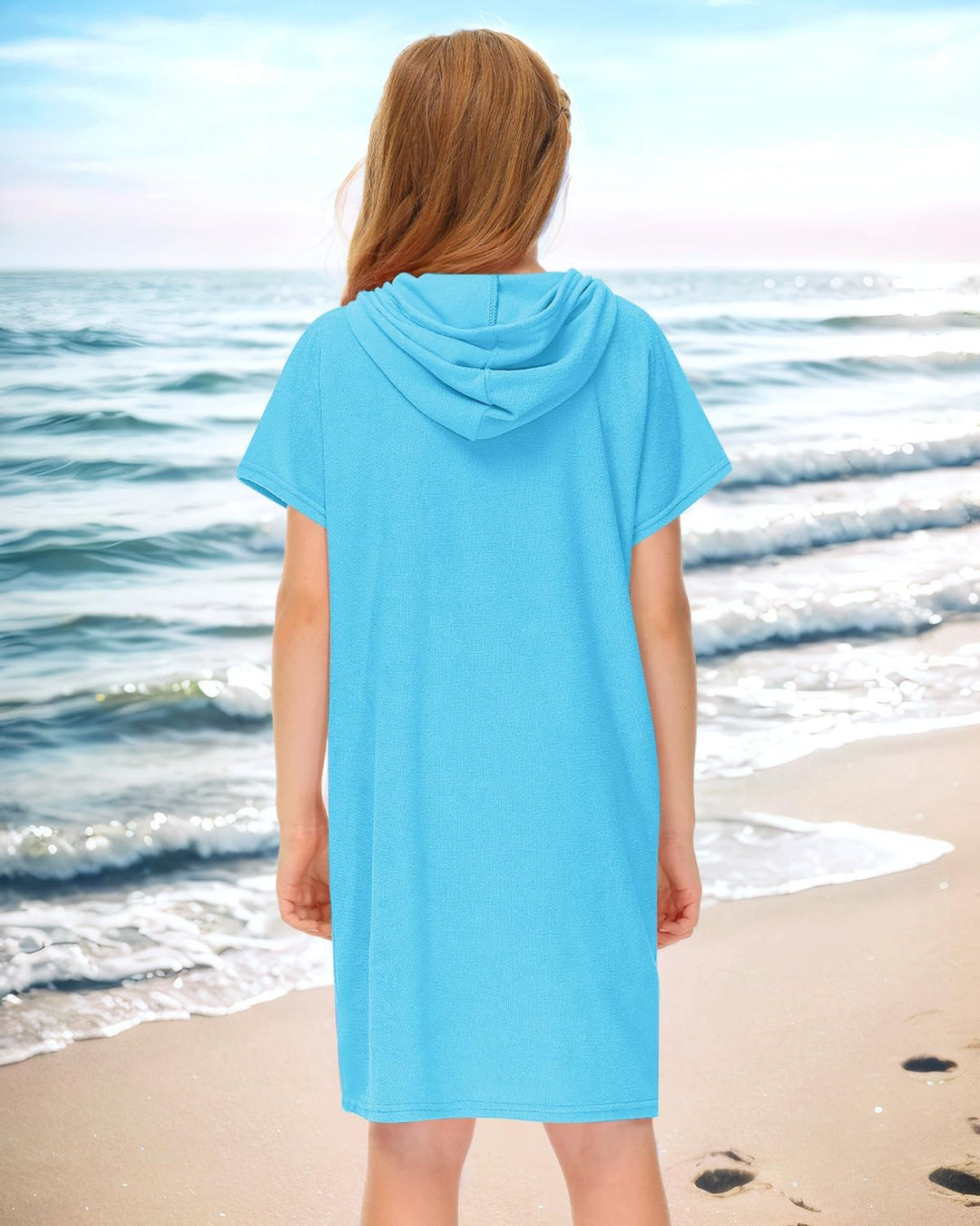 BesserBay Mädchen Badeponcho Kapuze Poncho mit Taschen Zip Cover Up Kinder Unisex 120-160 140 Blau,