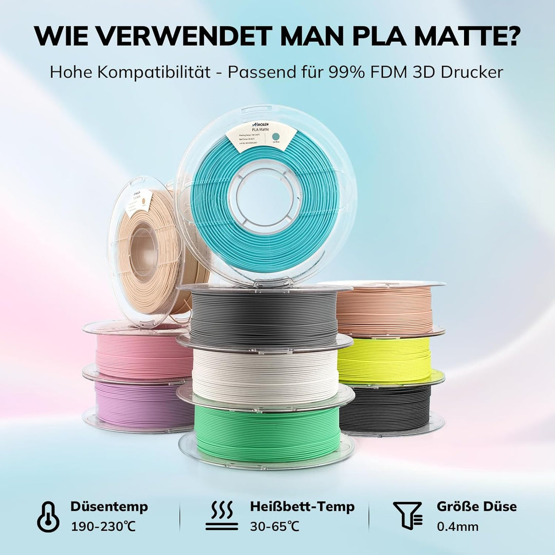 AMOLEN Matte PLA 3D Drucker Filament, Matte PLA Filament 1,75 mm Masshaltigkeit +/- 0,02 mm, 1kg Spo
