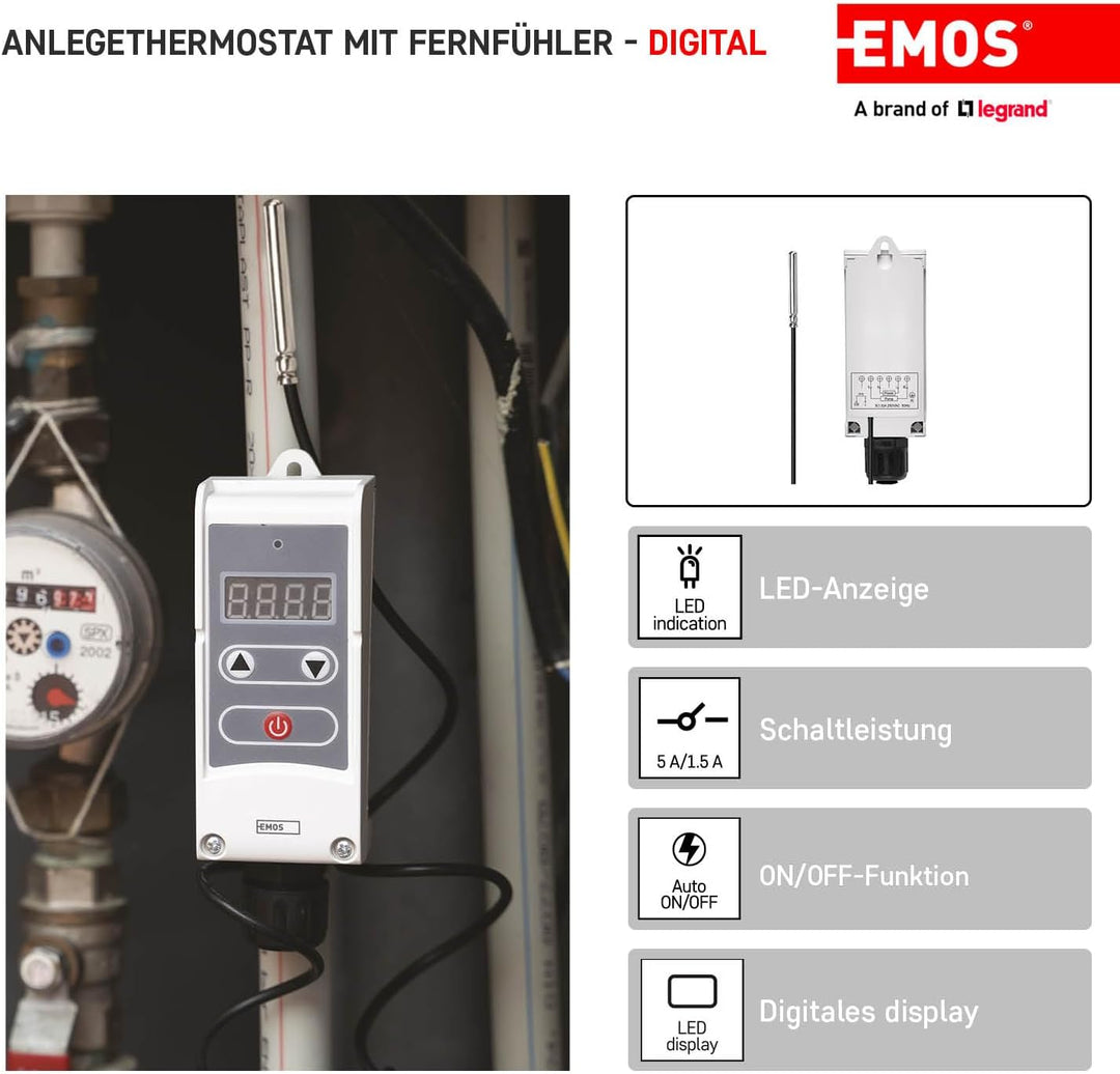 EMOS P5684 Anlegethermostat mit Fernfühler, einstellbarer Schaltempfindlichkeit und digitalem Displa