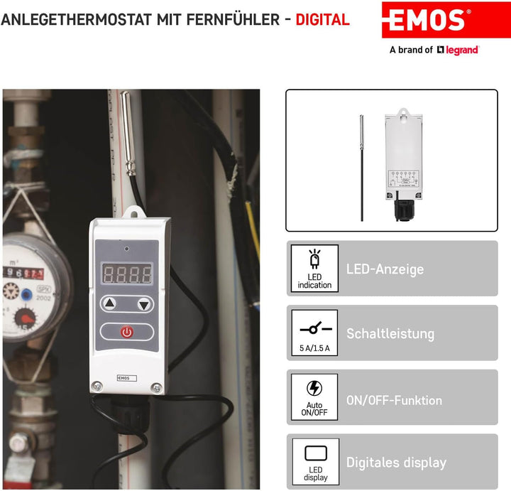 EMOS P5684 Anlegethermostat mit Fernfühler, einstellbarer Schaltempfindlichkeit und digitalem Displa