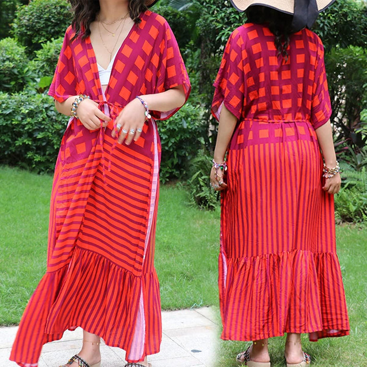 Damen Strand Kimono Cardigan Sommer Lange Strandkimonos Übergrösse Strandponcho Bunt Bikini Cover Up