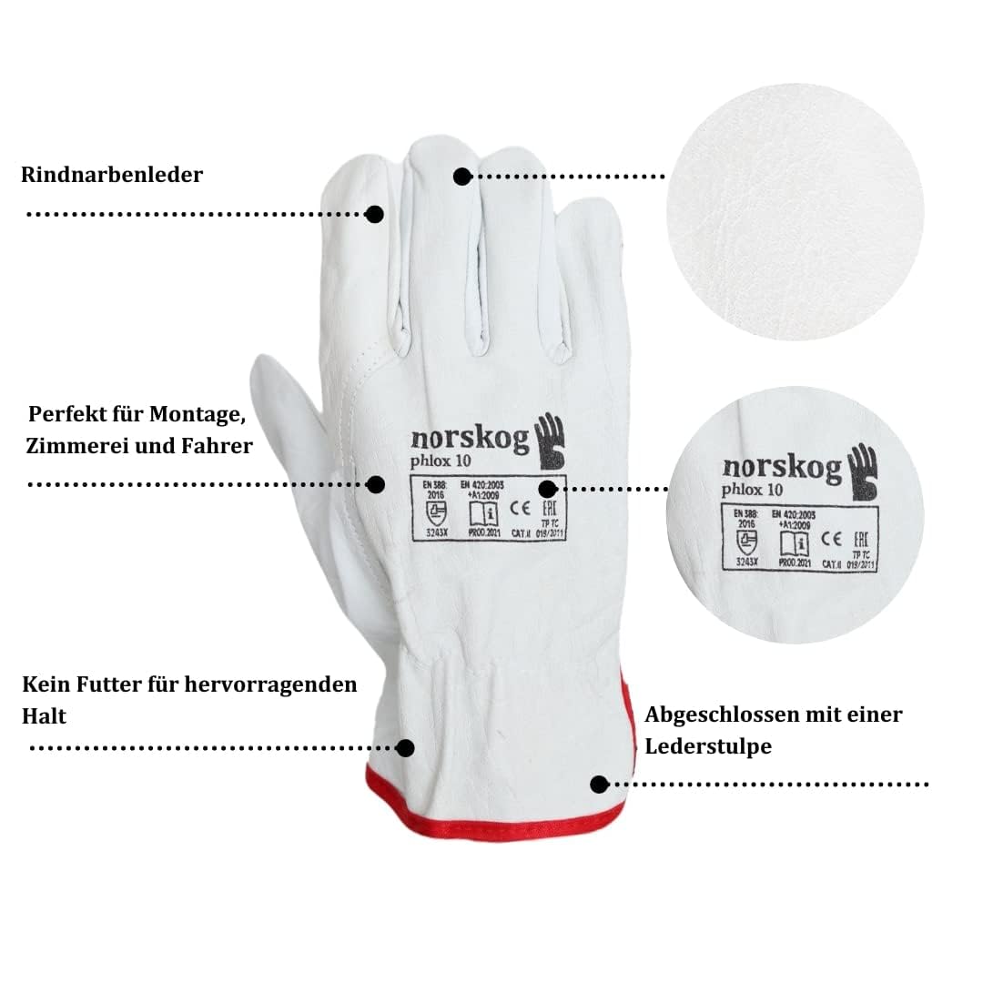 norskog PHLOX - Schutzhandschuhe 12 Paar Elastische Band Kanadischer Handschuhe aus Rindsleder Arbei