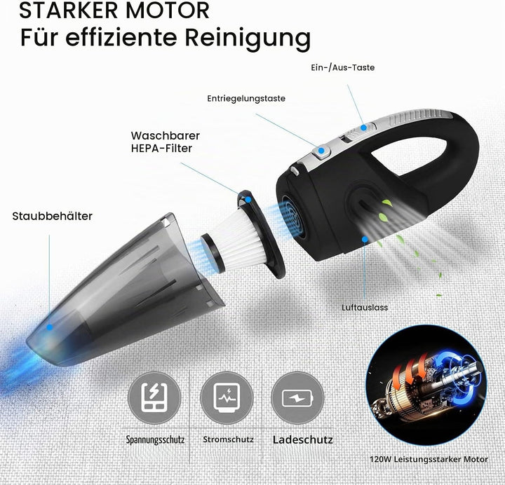 URAQT Handstaubsauger Akku, Kabelloser Handstaubsauger 120W, 2200mA Kabellos Staubsauger Nass/Lärmmi