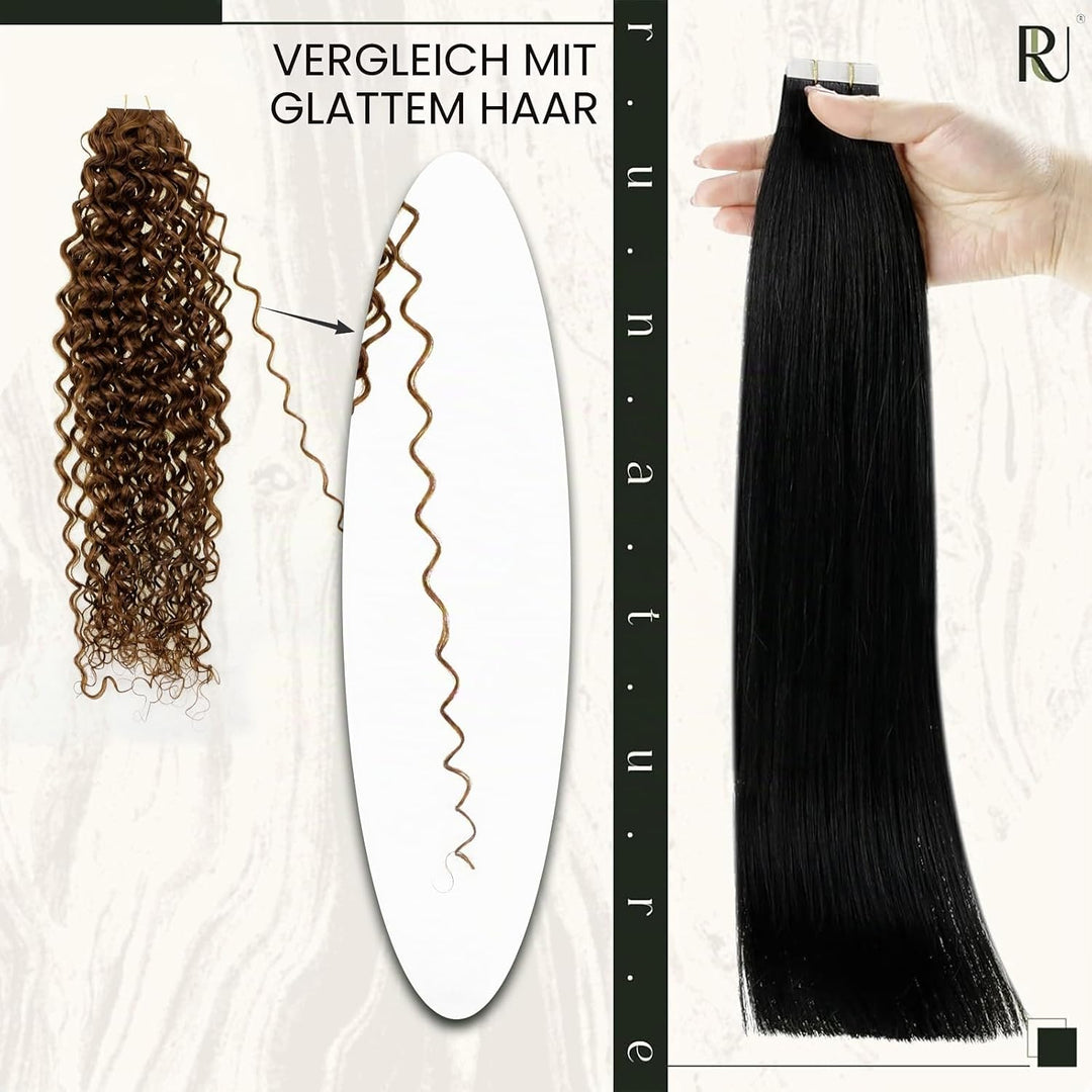 RUNATURE Tape in Extensions Echthaar Braun 35cm 20pcs Locken Haarverlangerung Invisible Tape Extensi