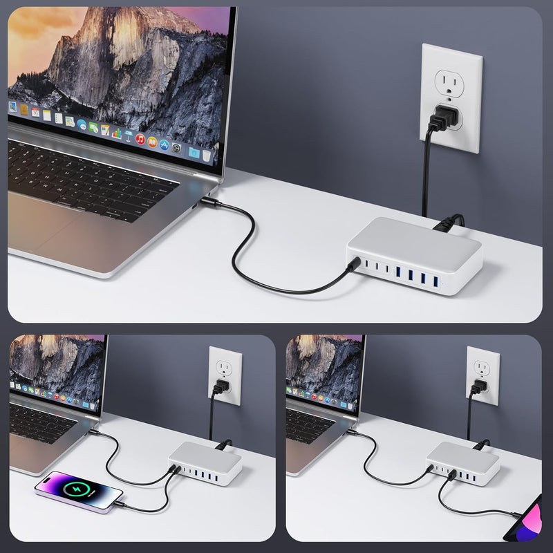 200W USB C Ladegerät, GaN III 8-Port USB Schnellladegerät PPS PD 65W Laptop Ladegerät Adapter USB C