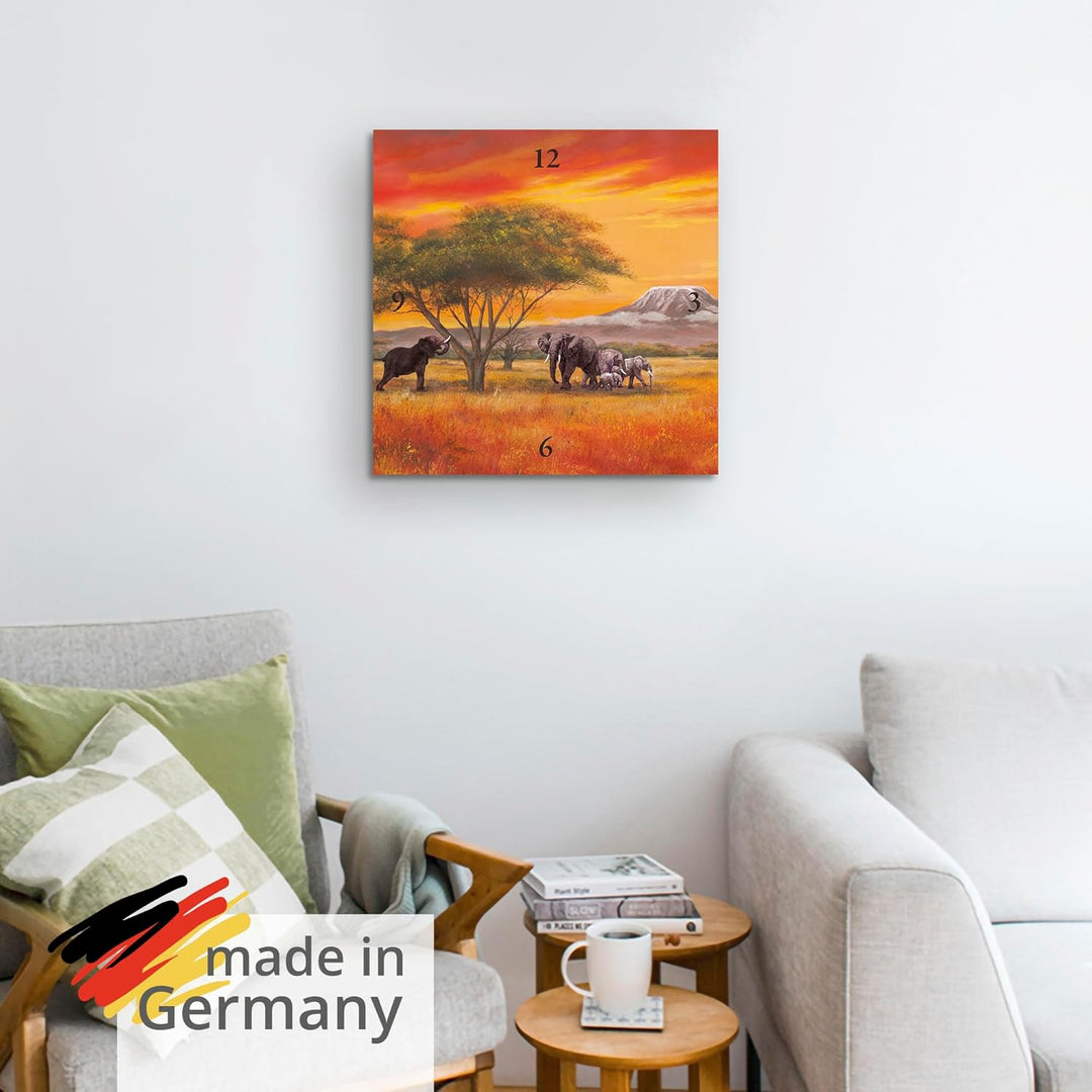 ARTLAND Wanduhr ohne Tickgeräusche Leinwand Quarzuhr 30x30 cm Quadratisch Lautlos Afrika Safari Tier