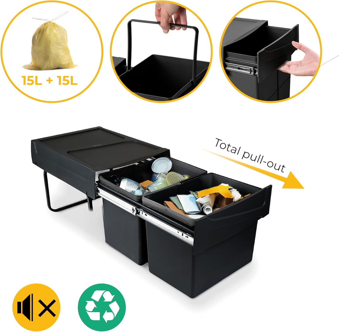 Emuca - Recyclingbehälter für Küche, 2 x 15 L, Bodenbefestigung und Handauszug, Kunststoff, Schwartz