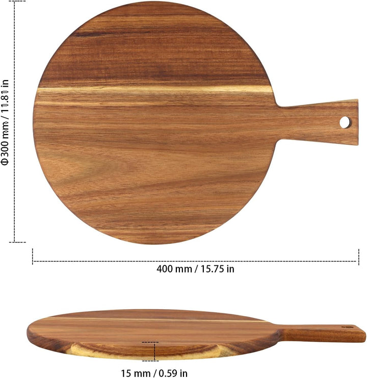 2 Stück Holz Pizzabrett Rund 30cm, 40x30x1.5cm Braun mit Griff, Holz Pizzateller Servierplatte für K