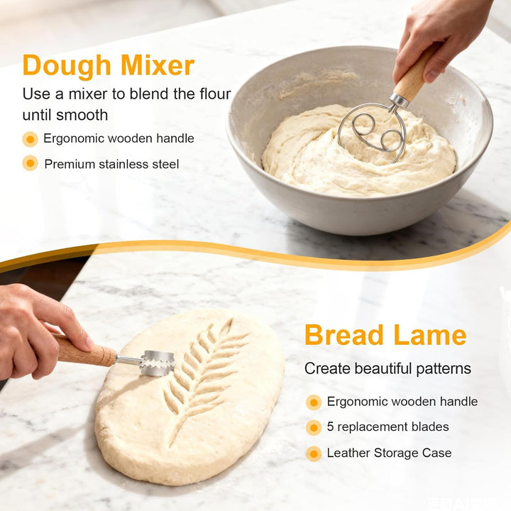 Gärkorb Brot Set, Komplettset Brot Backen Zubehör inkl. Brotgärkorb (23cm rund & 25cm oval), Teigsch