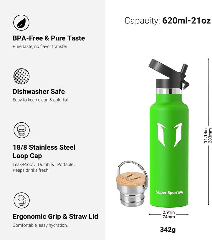 Super Sparrow Trinkflasche Edelstahl - 350ml/500ml/620ml/750ml/1L - Auslaufsicher Thermoskanne, BPA-