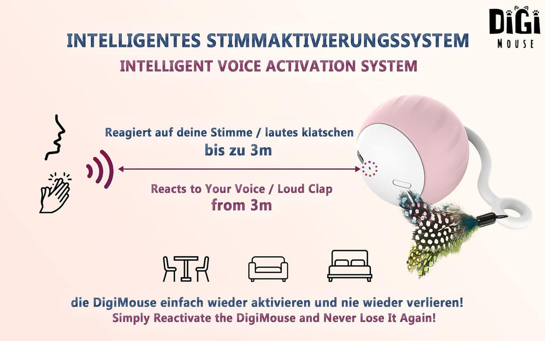 DigiMouse Interaktives Katzenspielzeug mit Sprachaktivierung & 4 Ersatzfedern & Katzenminze - Elektr