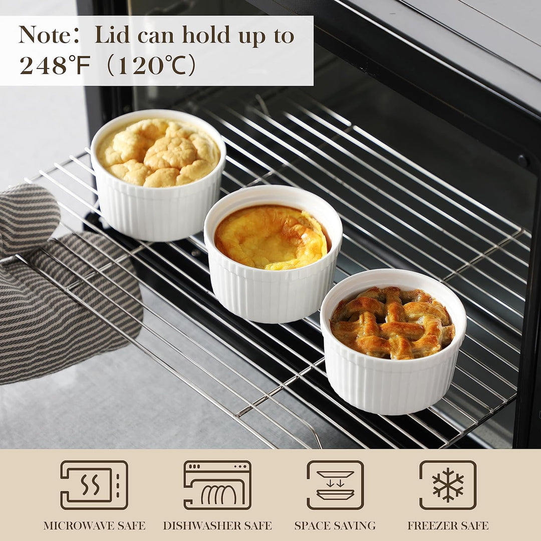 MALACASA Creme Brulee Schälchen mit Deckel 6er Set, 240 ml Porzellan Souffle Förmchen Backofenfest,