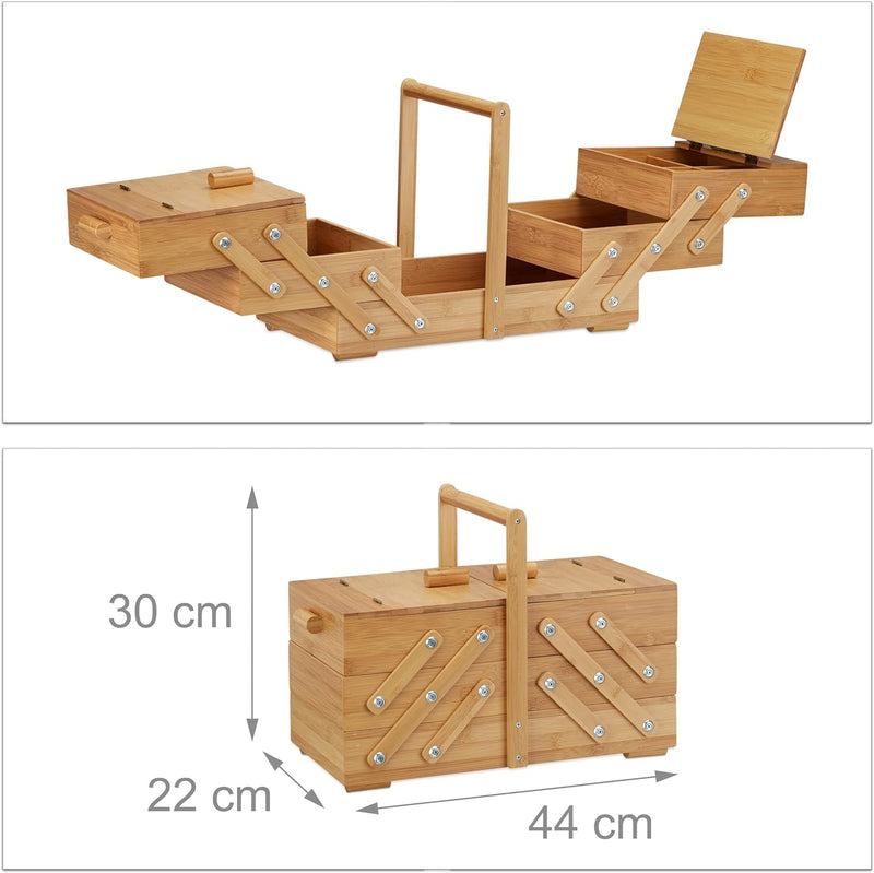 Relaxdays Nähkästchen Bambus XXL, viele Fächer, Nähkasten aufklappbar, Nähkorb ohne Inhalt, HBT 30 x