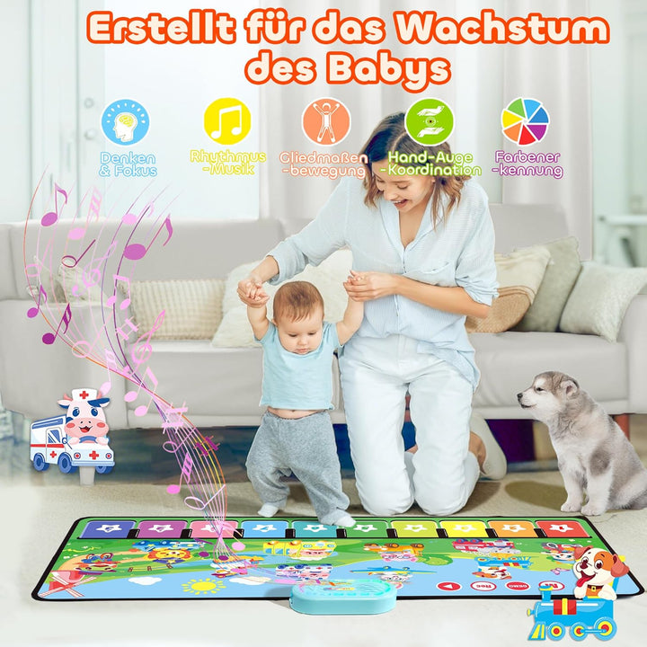 MOMUSE Baby Spielzeug ab 1 Jahr mit 80 Tönen, Upgraded Musik Matte mit 10 Tiere &amp; 10 Autos, Klavierm