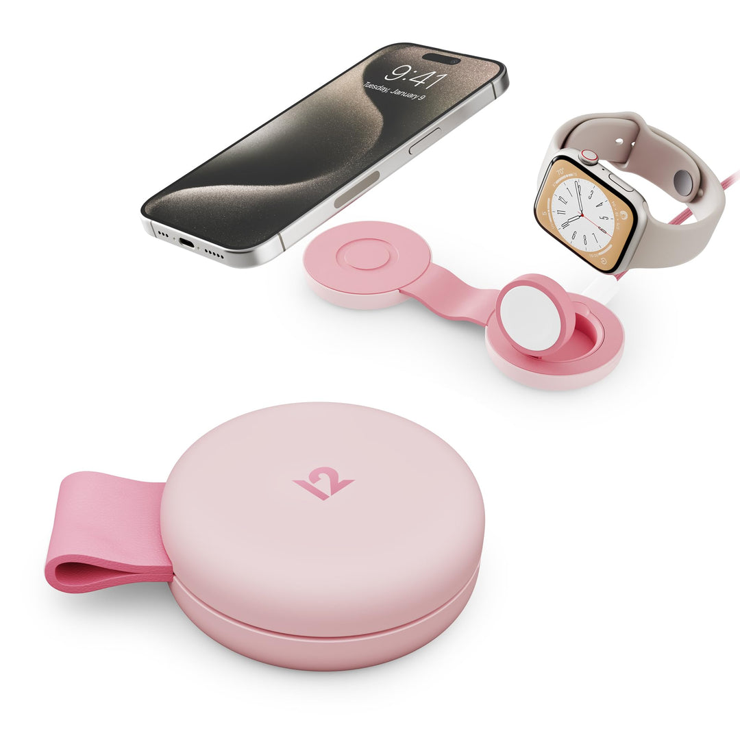 Twelve South Butterfly SE 2-in-1 Qi2 Reise-Ladegerät für iPhone, Airpods und Apple Watch, Rosa Butte