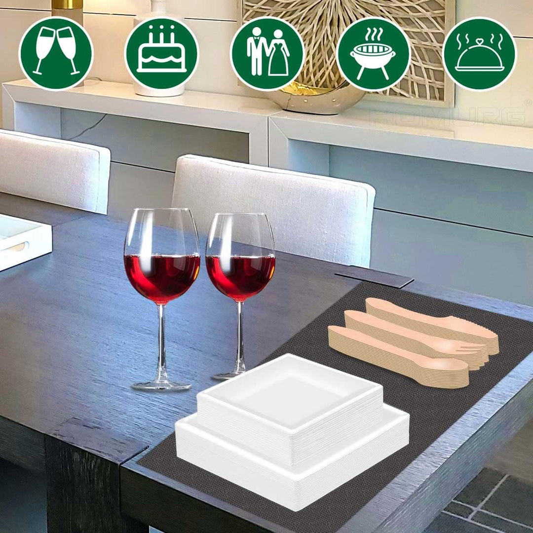 HOMURG Pappteller Eckig und Holz Besteck 30 Set, Robust Partygeschirr mit Einwegteller und Einwegbes