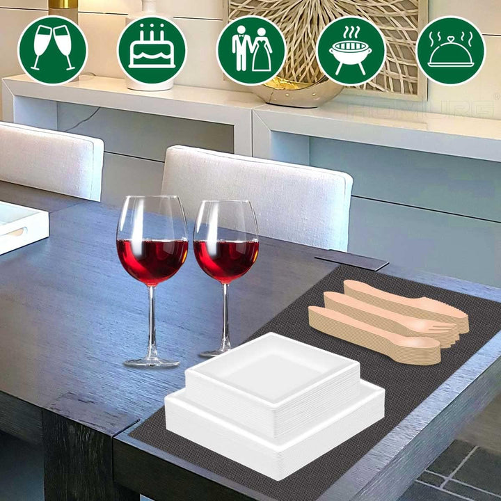 HOMURG Pappteller Eckig und Holz Besteck 30 Set, Robust Partygeschirr mit Einwegteller und Einwegbes