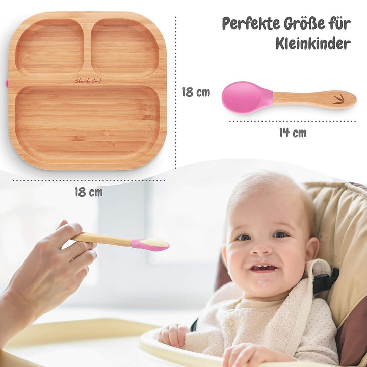 Kinderteller mit Saugnapf pink I Inkl. Rezepte-Ebook I rutschfester Babyteller aus nachhaltigem Bamb