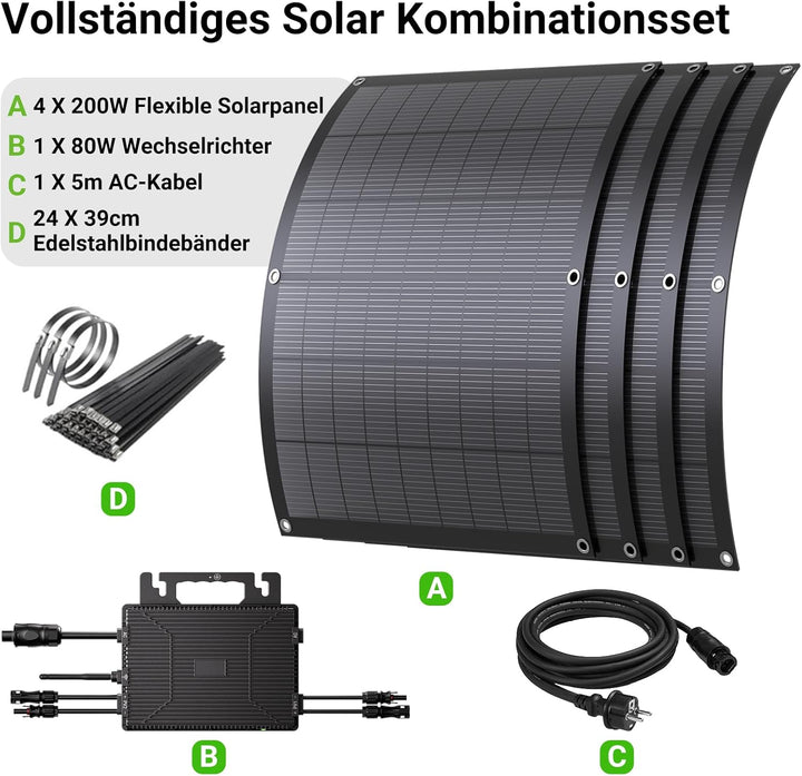 Balkonkraftwerk 800W Komplett mit Steckdose, 4x 200W Solarpanel Flexibel & Wechselrichter 800W, Plug