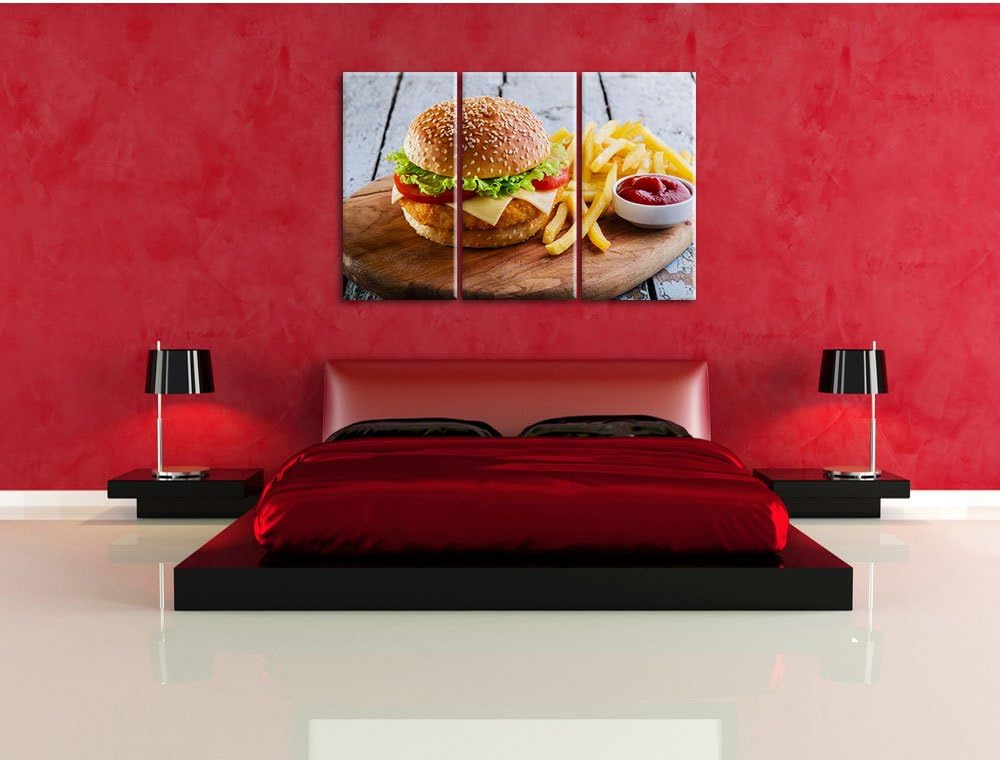 Pixxprint Chickenburger Pommes als Leinwandbild/Grösse: 3 Teilig (120x80 cm) cm/Wandbild/Kunstdruck/