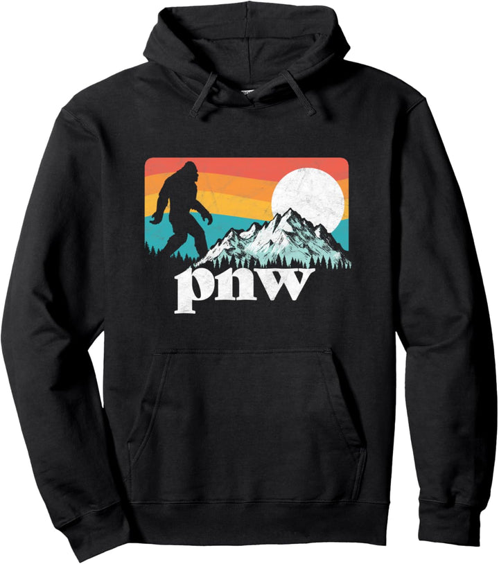 PNW - Pacific Northwest Bigfoot Mountains Retro 80s Graphic Pullover Hoodie