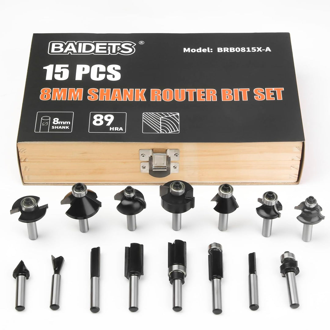 Pro 15tlg. Fräser Set für Holz - Hartmetall Fräsersatz, Zubehör Oberfräsen mit 8mm Schaft, in Robust