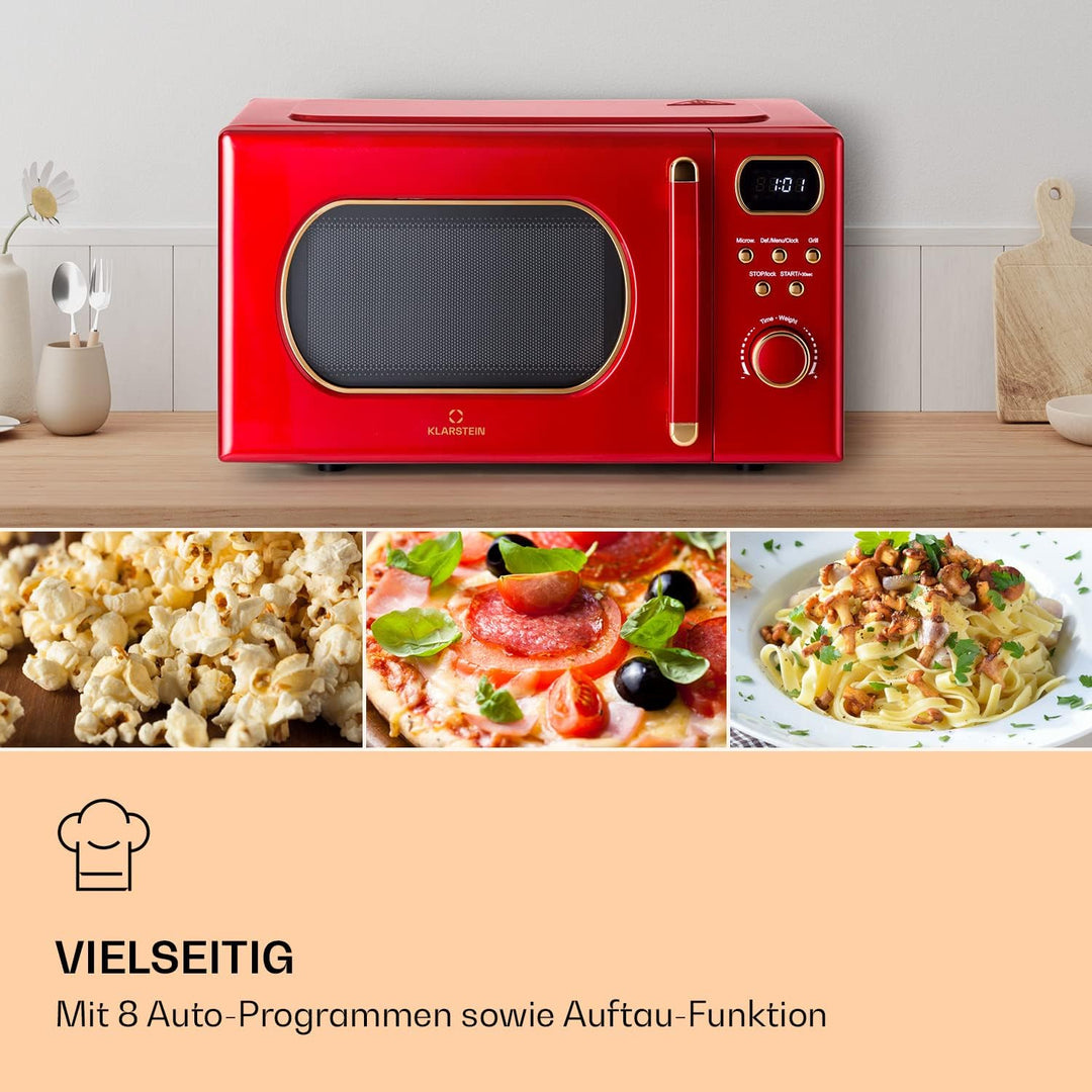 Klarstein Mikrowelle mit Grill, 800 Watt Mikrowelle Klein, 3-in-1Edelstahl-Mikrowelle Rot, Kleine 20